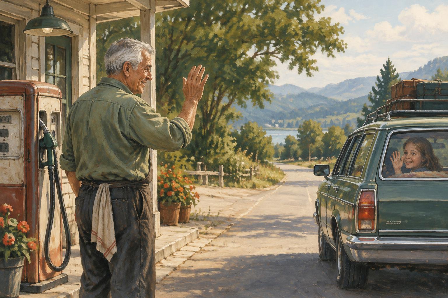 A gas station attendant and a young girl waving goodbye, inspired by the story’s closing scene