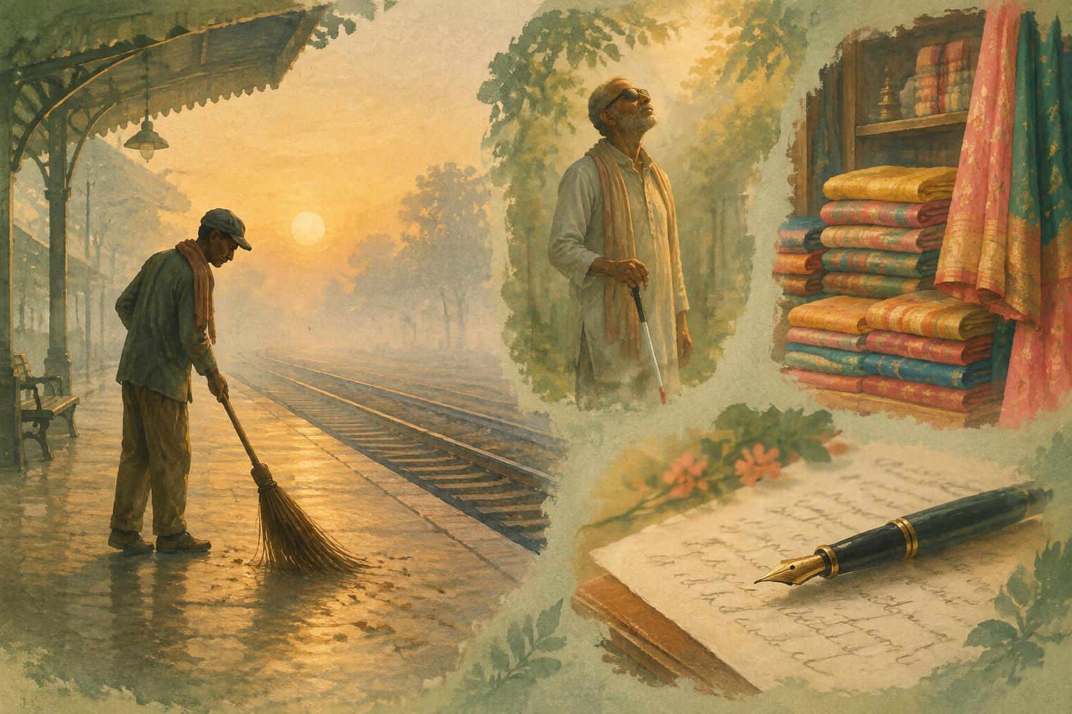 A man sweeping a quiet railway platform at dawn, beside faded vignettes of a blind man feeling the light, folded saris and a fountain pen